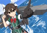  1girl blue_sky bow bowtie brown_hair cloud commentary_request day elbow_gloves foreshortening gloves hair_between_eyes hair_ribbon horizon index_finger_raised kantai_collection long_hair machinery military military_uniform nittou_cafe ocean outdoors pelvic_curtain red_bow red_bowtie ribbon single_elbow_glove sky solo tone_(kancolle) tone_kai_ni_(kancolle) twintails uniform white_ribbon 