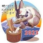  blush capcom chinese_zodiac feral fur hammer hensyoku_rkgk japanese_text lagombi mochi monster monster_hunter new_year_2023 primatius red_eyes solo text tools white_body white_fur year_of_the_rabbit 