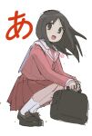  1girl :d a_(phrase) absurdres artist_name azumanga_daioh azumanga_daioh&#039;s_school_uniform bag briefcase brown_bag brown_eyes brown_hair brown_shoes commentary floating_hair from_side full_body highres holding holding_bag kasuga_ayumu loafers looking_at_viewer looking_to_the_side neck_ribbon open_mouth pink_serafuku pink_shirt pleated_skirt red_skirt ribbon sailor_collar school_briefcase school_uniform serafuku shirt shoes signature sketch skirt smile socks solo squatting t0fusan two-handed v_arms white_background white_sailor_collar white_socks wind winter_uniform 