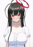  1girl absurdres bangs black_hair blue_archive blush breasts choker dress goyain hair_between_eyes halo highres large_breasts long_hair looking_at_viewer parted_lips red_eyes short_sleeves simple_background solo tsurugi_(blue_archive) upper_body white_choker white_dress 