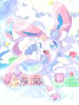  :d blue_eyes cape christmas commentary_request fang fur-trimmed_cape fur_trim happy no_humans open_mouth pokemon pokemon_(creature) smile snow snowflakes solo sylveon tongue yuui_art 