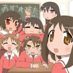  6+girls arm_on_another&#039;s_head azumanga_daioh azumanga_daioh&#039;s_school_uniform brown_eyes brown_hair comedic_sweatdrop fang glasses kagura_(azumanga_daioh) kasuga_ayumu light_blush looking_at_viewer lucky_star mihama_chiyo mizuhara_koyomi multiple_girls open_mouth parody pink_shirt purple_eyes red_eyes red_skirt sakaki_(azumanga_daioh) school_uniform serafuku shirosato shirt short_twintails skirt smile style_parody takino_tomo translated twintails waving winter_uniform 
