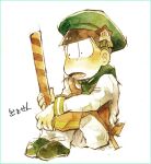  1boy apron aqua_border ascot back_bow black_eyes blunt_bangs border bow bowtie brown_hair cabbie_hat commentary_request drinking_straw frown full_body green_ascot green_hat green_shoes green_sleeve_cuffs hair_ornament hat horizontal-striped_sleeve_cuffs knees_up light_blush long_sleeves looking_at_object lower_teeth_only male_focus matsuno_choromatsu momiji_(lucario) open_mouth orange_apron orange_bow orange_bowtie osomatsu-san osomatsu_(series) painting_(medium) pants shirt shoes short_hair single_vertical_stripe sitting solo star_(symbol) star_hair_ornament teeth traditional_media translation_request watercolor_(medium) white_background white_pants white_shirt wide-eyed 