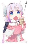  1girl bangs beads blue_eyes blunt_bangs blush capelet center_frills crepe dress eating food frills fruit fur_collar gradient_hair hair_beads hair_ornament hairband highres holding holding_food horns imminent_bite kanna_kamui kobayashi-san_chi_no_maidragon long_sleeves looking_at_viewer low_twintails multicolored_hair open_mouth puffy_long_sleeves puffy_sleeves purple_hair samansa_ex slit_pupils solo strawberry twintails whipped_cream 