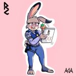  3_toes 4_fingers anthro blush carrot_pen clothing digital_media_(artwork) disney feet female fingers fur grey_body grey_fur implied_porn judy_hopps lagomorph leporid luizcupertino mammal paws police_uniform purple_eyes rabbit reading_note simple_background solo toes uniform zootopia 