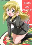  1girl :d anzio_(emblem) anzio_military_uniform arm_support bangs belt black_belt black_footwear black_shirt blonde_hair boots carpaccio_(girls_und_panzer) commentary_request copyright_name dated dress_shirt emblem flag_background girls_und_panzer green_eyes grey_jacket grey_skirt hand_in_own_hair hanzou highres italian_flag jacket kneeling knife leaning_forward long_hair long_sleeves looking_at_viewer military military_uniform miniskirt open_mouth partial_commentary shadow shirt skirt smile solo twitter_username uniform wing_collar 