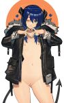  1girl arknights ass_visible_through_thighs black_jacket blue_eyes blue_hair blue_nails closed_mouth contrapposto demon_tail distr fingernails flat_chest halo heart heart_hands highres hood hood_down hooded_jacket horns jacket long_hair long_sleeves looking_at_viewer mostima_(arknights) nail_polish naked_jacket navel nipples one_eye_closed pussy smile solo tail 