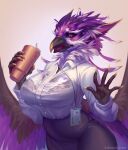 absurd_res admiralobster anthro avian badge beak biped bra breasts claws clothing digital_media_(artwork) feathered_wings feathers female gryphon hi_res morgan_(fluffythunderbird) mythological_avian mythological_creature mythology office solo spilled_beverage spilled_drink spilled_liquid thermos topwear translucent translucent_clothing underwear wet wet_clothing wings worried