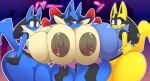  anthro big_breasts blue_body blue_fur breasts canid canine female female/female fur generation_4_pokemon group group_sex hi_res lucario mammal nintendo nipples pokemon pokemon_(species) sex simple_background thiccbuns threesome trio 