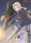 1girl aircraft airplane aleksandra_i._pokryshkin animal_ears bear_ears bear_girl black_jacket black_skirt blonde_hair brave_witches dp-27 firing flying gun hairband highres holding holding_gun holding_weapon jacket long_hair military military_uniform open_mouth pantyhose shell_casing shikabiscuit skirt sky solo striker_unit torn_clothes torn_pantyhose twitter_username weapon world_witches_series 