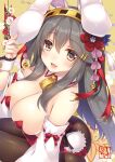  1girl :d alternate_costume animal_ears artist_name blush breasts cleavage detached_sleeves fake_animal_ears flower grey_hair hair_flower hair_ornament hairclip haruna_(kancolle) headgear highres kantai_collection large_breasts long_hair playboy_bunny rabbit_ears shigunyan smile solo 