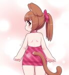  1girl animal_ears arms_at_sides bare_back blush brown_eyes brown_hair closed_mouth cowboy_shot dress from_behind highres kionant looking_at_viewer looking_back original pink_dress ponytail short_dress sideways_glance signature solo standing tail tail_through_clothes 
