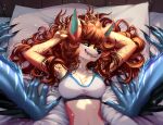 4_hands anthro anthro_on_anthro bed breasts brown_hair canid canine duo female fluffy fox fur furniture green_eyes hair hi_res kehushka love lynette_redwood male male/female mammal multi_hand on_bed orange_body orange_fur smile