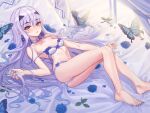  1girl bangs bare_shoulders barefoot bra breasts brown_eyes fairy_knight_lancelot_(fate) fate/grand_order fate_(series) forked_eyebrows hoodier long_hair looking_at_viewer panties sidelocks small_breasts solo underwear white_bra white_hair white_panties 