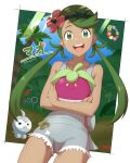  1girl :d absurdres amagamip bangs bounsweet castform castform_(normal) character_name comfey commentary_request dark-skinned_female dark_skin day flower grass green_eyes green_hair green_headband grey_overalls happy headband highres holding holding_pokemon long_hair looking_at_viewer mallow_(pokemon) open_mouth outdoors overall_shorts overalls palm_tree pink_flower pokemon pokemon_(creature) pokemon_(game) pokemon_sm sky smile swept_bangs teeth tongue tree twintails upper_teeth_only 