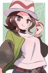  1girl belt blush blush_stickers bracelet brown_belt brown_eyes brown_hair closed_mouth commentary_request eyelashes female_protagonist_(pokemon_legends:_z-a) green_jacket hat highres jacket jewelry kurachi_mizuki medium_hair open_clothes open_jacket outline pokemon pokemon_legends:_z-a shirt smile solo white_hat white_outline white_shirt 