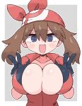  1girl alternate_breast_size bandana blue_eyes blue_gloves blush blush_stickers border breast_focus breasts brown_hair cleavage collarbone collared_shirt commentary_request double_v gloves grey_background hair_between_eyes hands_up happy highres huge_breasts kurachi_mizuki looking_at_viewer may_(pokemon) medium_hair open_clothes open_mouth open_shirt outline outside_border partial_commentary pokemon pokemon_rse red_bandana red_shirt shirt short_sleeves simple_background skindentation smile solo standing straight-on upper_body v white_border white_outline 