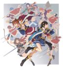  6+girls absurdres aijou_karen belt black_boots black_hair blonde_hair blue_eyes blue_hair blue_jacket blue_skirt boots border bow_(weapon) brown_eyes brown_hair bullfalk buttons clenched_teeth cover crown dagger daiba_nana derivative_work double-breasted dual_wielding epaulettes fire_emblem fire_emblem_awakening floating_hair foot_up full_body fur-trimmed_jacket fur_trim gradient_background green_jacket grey_background grey_skirt grimace halberd hanayagi_kaoruko highres holding holding_bow_(weapon) holding_dagger holding_knife holding_mace holding_polearm holding_sword holding_weapon hoshimi_junna isurugi_futaba jacket jacket_on_shoulders kagura_hikari knee_boots knife long_hair looking_ahead mace mini_crown multiple_girls naginata open_mouth outstretched_arm over_shoulder parody polearm ponytail purple_jacket red_hair red_jacket red_skirt saijou_claudine sash short_hair shoujo_kageki_revue_starlight shoulder_sash single_epaulette skirt sleeve_cuffs sparkle_hair_ornament sword teeth tendou_maya tsuyuzaki_mahiru twintails two_side_up v-shaped_eyebrows video_game_cover video_game_cover_redraw weapon weapon_over_shoulder white_border white_jacket yellow_belt yellow_trim 