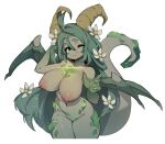  1girl absurdres ahoge black_eyes breasts brown_horns colored_skin commentary demon_wings english_commentary flower green_hair grey_skin hair_between_eyes hair_flower hair_ornament highres horns large_breasts long_hair looking_at_viewer monster_girl navel nipples one_eye_closed original pussy simple_background slugbox solo tail thick_eyebrows thighs white_background wings 