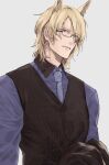  1boy animal_ears arknights bangs black_vest blonde_hair blue_necktie blue_shirt chimi_(s8s8_bb) collared_shirt extra_ears glasses grey_background highres holding holding_clothes horse_boy horse_ears long_sleeves male_focus mlynar_(arknights) necktie parted_lips shirt simple_background solo swept_bangs teeth upper_body upper_teeth_only vest yellow_eyes 