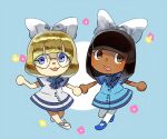  2girls :3 animal_crossing bangs black_hair blonde_hair blue_background blue_bow blue_bowtie blue_dress blue_eyes blue_footwear blunt_bangs blush bow bowtie brown_eyes buttons commentary dark-skinned_female dark_skin dress flat_chest flower full_body glasses grey-framed_eyewear hair_bow hand_up happy holding_hands jaibus leg_up light_blush looking_to_the_side medium_hair multiple_girls open_mouth pantyhose pink_flower semi-rimless_eyewear shiny_hair shoes short_hair short_sleeves sidelocks smile standing standing_on_one_leg symmetry villager_(animal_crossing) white_bow white_dress white_footwear white_pantyhose yellow_flower 