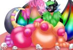animal_genitalia anthro anthro_pred areola balls belly big_balls big_belly big_breasts blush bone breasts burp_cloud burping burping_up_object burping_up_skull fatal_vore fur genitals hand_on_belly hi_res hyper intersex intersex_pred lying_on_ground machine mammal mass_vore membrane_(anatomy) membranous_wings multicolored_body multicolored_fur multiple_prey nipples nude on_ground protogen rainbow_body rainbow_fur screen screen_face sheath simple_background skull smile sokoyo_owo solo sparklefur tail vore willing_prey wings