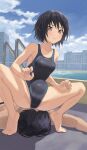  1boy 1girl amagami barefoot black_hair black_one-piece_swimsuit blue_sky botan_m breasts brown_eyes building cityscape cloud commentary_request commission competition_swimsuit day highres nanasaki_ai one-piece_swimsuit outdoors short_hair sitting_on_face sky small_breasts squatting swimsuit 