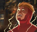  1boy aaron_paul absurdres blonde_hair breaking_bad character_request close-up highres invincible_(series) jesse_pinkman lightning meme parody screaming superhero_costume voice_actor_connection xyanaid 