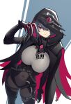  1girl bodysuit breasts cape claw_pose claws closed_mouth contrapposto distr grey_hair highres honkai_(series) honkai_impact_3rd hood hood_up hooded_cape large_breasts looking_at_viewer navel one_eye_covered raven_(honkai_impact) red_eyes short_hair signature smile solo 