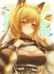  +_+ 1girl 3_(sanyako1) animal_ears arknights baklava belt blonde_hair blush bracelet breasts buckle candy ceobe_(arknights) closed_mouth collar dog_ears food gradient gradient_background highres impossible_clothes infection_monitor_(arknights) jewelry large_breasts long_hair looking_at_viewer red_eyes smile solo sparkle star_(symbol) thought_bubble underbust upper_body 