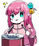  1girl blue_eyes blush bocchi_the_rock! cube_hair_ornament downvote_(downvote_me) drumsticks gotou_hitori hair_ornament holding holding_drumsticks long_hair looking_at_viewer one_side_up open_mouth pink_hair pink_track_suit pixel_art simple_background smile snare_drum solo sweat white_background 
