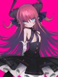  1girl absurdres bangs black_ribbon breasts closed_mouth detached_sleeves dress elizabeth_bathory_(fate) elizabeth_bathory_(fate/extra_ccc) elizabeth_bathory_(first_ascension)_(fate) fate/extra fate/extra_ccc fate/grand_order fate_(series) frilled_dress frills green_eyes hair_ribbon highres horns long_hair looking_at_viewer pink_background pointy_ears red_hair ribbon saaal653 simple_background small_breasts solo tail two_side_up very_long_hair 