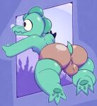  alligator alligatorid anthro anus anus_outline anus_peek backsack balls clothing crocodilian genitals hi_res lil_gator lil_gator_game male reptile saint_nightlyy scalie solo solo_focus swimming swimwear water 