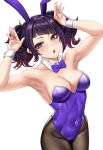  1girl absurdres animal_ears armpits arms_up bangs bare_arms bare_shoulders black_pantyhose blunt_bangs bow bowtie breasts cleavage commentary_request covered_navel cowboy_shot detached_collar fake_animal_ears highres idolmaster idolmaster_shiny_colors large_breasts looking_at_viewer open_mouth pantyhose purple_bow purple_bowtie purple_eyes purple_hair rabbit_ears short_hair simple_background solo standing stmoon tanaka_mamimi twintails white_background wrist_cuffs 