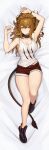  1girl absurdres animal_ears ankle_boots arknights bare_arms black_choker black_footwear black_nails blonde_hair blush boots breasts choker cleavage closed_mouth dakimakura_(medium) distr fingernails from_above fur-trimmed_shorts fur_trim hands_up highres large_breasts lion_ears lion_tail looking_at_viewer lying on_back on_bed ponytail red_shorts shirt short_shorts shorts siege_(arknights) sleeveless sleeveless_shirt solo tail white_shirt 