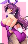 1girl animal_ears ass blush bow bowtie breasts brown_pantyhose closed_mouth fake_animal_ears fate/grand_order fate_(series) fishnet_pantyhose fishnets flying_sweatdrops hair_intakes hand_up holding holding_wand large_breasts leotard pantyhose playboy_bunny ponytail purple_bow purple_bowtie purple_hair purple_leotard rabbit_ears rabbit_tail raised_eyebrows red_eyes scathach_(fate) scathach_skadi_(fate) solo tail unadon wand 
