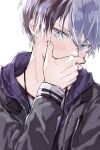  1boy aoyagi_touya arm_up black_jacket blue_eyes blue_hair blue_hood blush commentary_request covering_own_mouth crew_neck film_grain hair_between_eyes highres hood hood_down hooded_jacket jacket kuuu_ilst long_sleeves looking_to_the_side male_focus multicolored_hair open_clothes open_jacket project_sekai shirt sideways_glance simple_background solo split-color_hair t-shirt unzipped upper_body white_background white_shirt zipper 