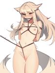  1girl absurdres animal_ears arknights arms_behind_back bit_gag blush bound bound_wrists breasts brown_eyes distr ears_down gag highres navel nipples platinum_(arknights) pussy rope simple_background small_breasts solo standing tail uncensored white_background 