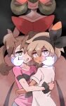  3girls bea_(pokemon) black_background black_hairband black_scrunchie blue_eyes blush bob_cut breasts breath brown_hair collarbone colored_skin commentary_request elbow_gloves flat_chest gardevoir gloves glowing glowing_eyes green_eyes green_hair hair_between_eyes hairband hand_on_another&#039;s_cheek hand_on_another&#039;s_face head_out_of_frame heart heart-shaped_pupils height_difference highres hug hypnosis kurachi_mizuki looking_at_viewer looking_back medium_hair mega_gardevoir mega_pokemon mind_control multiple_girls open_mouth partial_commentary pink_shirt pokemon pokemon_swsh pokemon_xy quad_tails scrunchie shauna_(pokemon) shirt short_hair short_sleeves sidelocks small_breasts standing steam steaming_body straight-on sweat symbol-shaped_pupils upper_body white_gloves white_shirt white_skin wrist_scrunchie yuri 