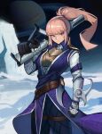  1girl assault_rifle belt black_gloves blue_eyes blue_pants brown_belt closed_mouth coat commission copyright_request distr gloves gun high_ponytail highres holding holding_gun holding_weapon ice looking_at_viewer over_shoulder pants pink_hair ponytail purple_coat rifle saturn_(planet) solo standing weapon weapon_over_shoulder 