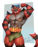  2023 abs absurd_res anthro armpit_hair bandanna barazoku biceps big_bulge big_muscles big_penis blue_background bodily_fluids body_hair border briefs bulge claws clothed clothing detailed_bulge erection erection_under_clothing fire flexing fur generation_7_pokemon genital_fluids genital_outline genitals hi_res huge_muscles huge_thighs humanoid_genitalia humanoid_penis incineroar kerchief looking_at_viewer male muscular muscular_anthro muscular_male navel nintendo nipples obliques open_mouth open_smile pecs penis penis_base penis_outline pokemon pokemon_(species) precum precum_through_briefs precum_through_clothing precum_through_underwear quads raytig12 signature simple_background smile solo standing teeth tenting thick_thighs tongue tongue_out topless topless_anthro topless_male tuft underwear wet wet_briefs wet_clothing wet_underwear white_border 