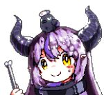  1girl animal_on_head bird bird_on_head black_collar black_horns bone collar crow_(la+_darknesss) demon_horns downvote_(downvote_me) green_eyes hat holding holding_bone hololive horns la+_darknesss long_hair looking_at_viewer multicolored_hair nurse_cap on_head purple_hair simple_background smile streaked_hair striped_horns two-tone_hair white_background yellow_eyes 