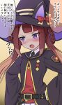  1girl :&lt; animal_ears belt blush brown_hair commentary_request hair_rings hat horse_ears kayama_kenji long_hair looking_at_viewer looking_away purple_eyes ribbon simple_background solo sweep_tosho_(umamusume) tsundere twintails umamusume witch_hat yellow_background 