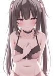  1girl bikini black_choker blush brown_hair choker closed_mouth collarbone hair_ribbon heart heart_choker kamu_(geeenius) long_hair looking_at_viewer navel original pink_bikini pink_eyes pink_ribbon ribbon simple_background solo swimsuit twintails wet white_background 