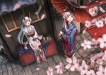  2girls :d absurdres alternate_costume artist_name bangs blue_eyes blue_kimono blurry blurry_foreground branch brown_kimono cherry_blossoms commission crossed_bangs cup drop_earrings earrings english_commentary fate/grand_order fate_(series) floral_print geta gradient_kimono grey_hair hair_ribbon highres holding holding_umbrella horns japanese_clothes jewelry kimono leaf_print long_hair looking_up maple_leaf_print miyamoto_musashi_(fate) multiple_girls obi obijime oil-paper_umbrella oni_horns outdoors pink_hair ponytail print_kimono red_eyes red_kimono red_ribbon ribbon sash sitting_on_bench smile tabi tepanyakin tomoe_gozen_(fate) umbrella white_kimono yukata 