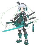  1girl absurdres black_eyes black_ribbon bob_cut bright_pupils cheri_zao closed_mouth colored_inner_hair commentary expressionless full_body green_eyes green_hair green_vest grey_hair highres holding holding_sword holding_weapon katana konpaku_youmu konpaku_youmu_(ghost) looking_at_viewer mechanization multicolored_hair ribbon robot_girl sheath short_hair solo sword touhou transparent_sword two-tone_hair vest weapon white_background white_pupils 