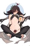  :3 absurdres alcohol animal_ears arknights bare_shoulders beer black_gloves black_thighhighs blush braid brown_hair cape closed_mouth distr elbow_gloves female_pubic_hair fingerless_gloves flat_chest flower gloves green_eyes grey_cape hair_over_one_eye highres horns indian_style laurels looking_at_viewer navel nipples one_eye_covered pallas_(arknights) pallas_(heritage)_(arknights) pubic_hair red_flower red_rose rose sitting smile thighhighs toeless_legwear 