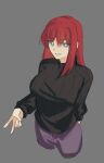  1girl absurdres aozaki_aoko black_sweater blue_eyes breasts ezekquel highres large_breasts mahou_tsukai_no_yoru naughty_face pants red_hair simple_background solo sweater tsukihime v 