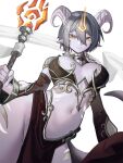  1girl breasts breasts_apart closed_mouth colored_skin commission contrapposto detached_sleeves distr draenei grey_hair highres holding holding_staff horns jewelry long_hair long_sleeves looking_at_viewer navel no_panties original pelvic_curtain pink_skin pointy_ears ring smile solo staff tail tentacles yellow_eyes 