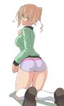  1girl ass blonde_hair blush boyshort_panties breasts brown_footwear denki_anma flat_ass green_sweater highres jacket original oteruko_(wanabeee) panties ponytail purple_panties socks sweatdrop sweater thick_thighs thighs track_jacket track_suit underwear white_socks 